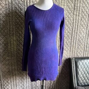 Purple Long Sleeve Mini Dress 100%Cashmere Hand Tie Dye